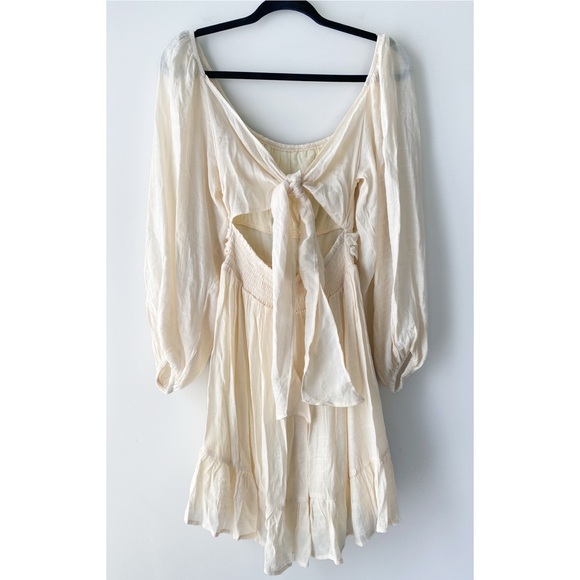 Womens Babydoll Puff Sleeve‎ Mini Dress S Cream Gauze Tie Back Etherial Romantic - Picture 4 of 9